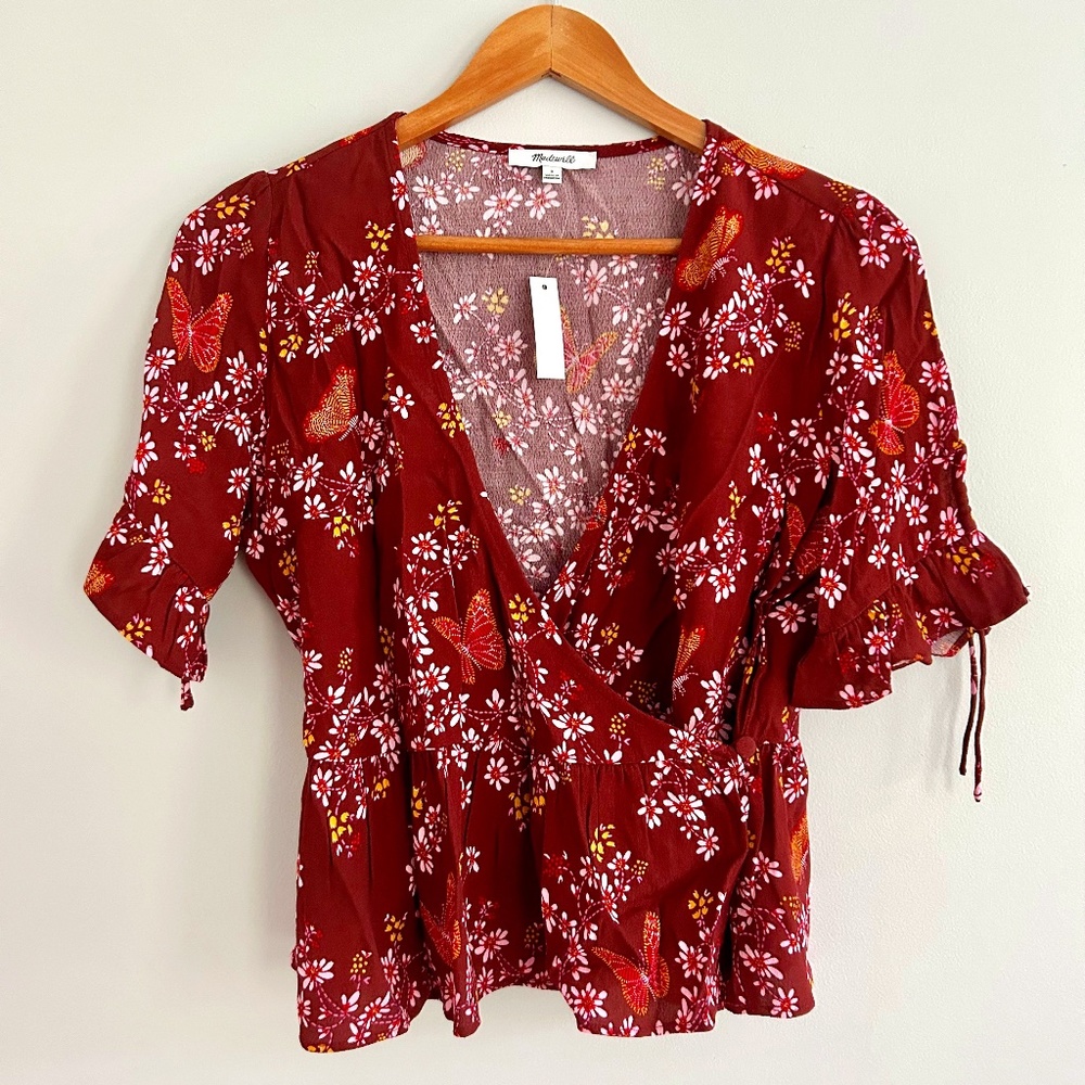 Madewell burgundy butterfly print wrap blouse - Size 0 - New with tag.